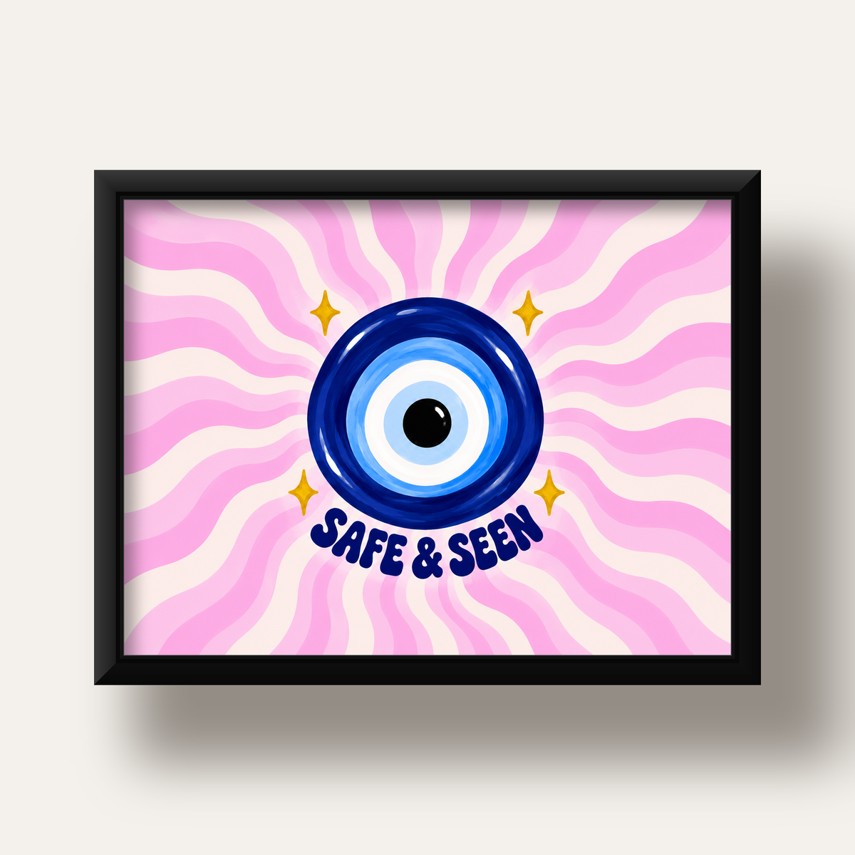 Safe & Seen Nazar Boncuğu Poster — siyah derin çerçeveli