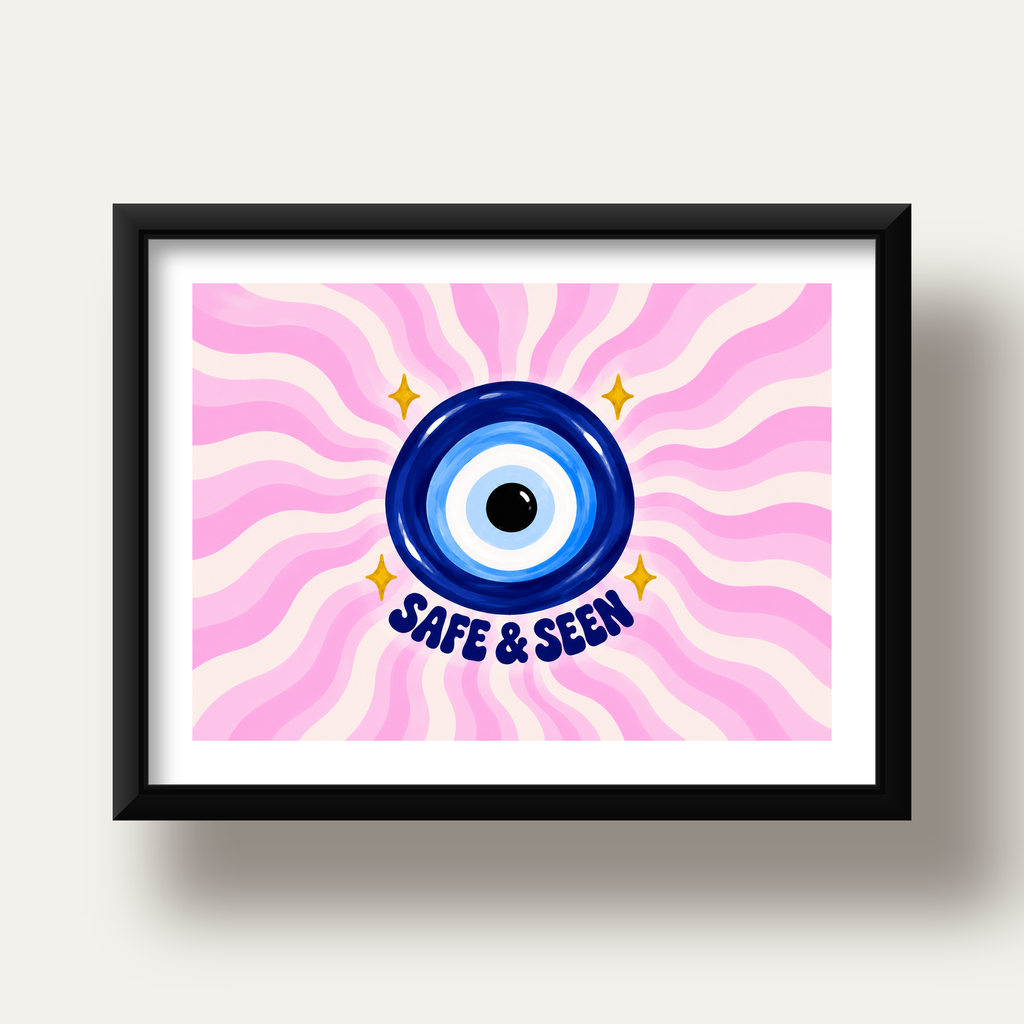 Safe & Seen Nazar Boncuğu Poster — siyah derin çerçeveli paspartulu