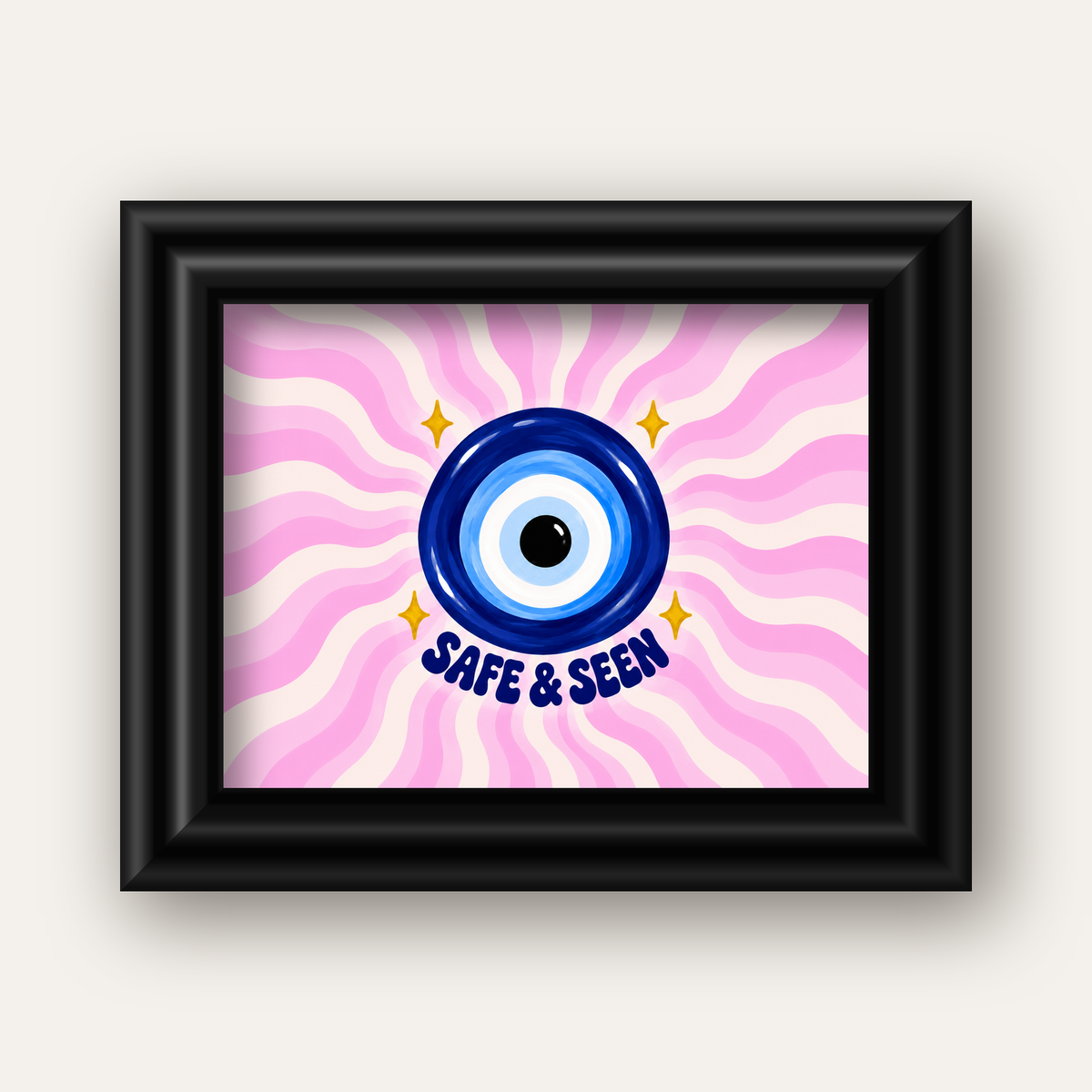 Safe & Seen Nazar Boncuğu Poster — siyah galeri çerçeveli