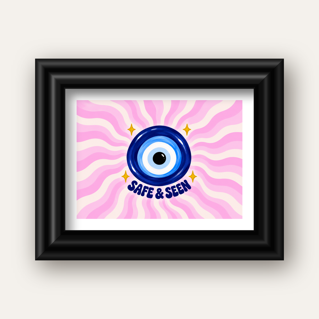 Safe & Seen Nazar Boncuğu Poster — siyah galeri çerçeveli paspartulu