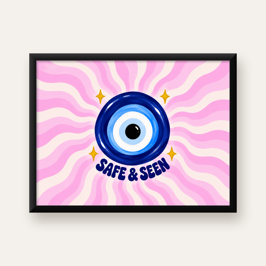 SAFE & SEEN Nazar Boncuğu Modern Renkli Poster — Yatay baskı, düz siyah çerçeveli duvar posteri