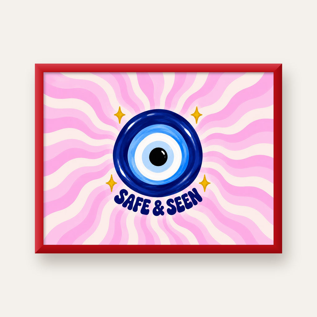 Safe & Seen Nazar Boncuğu Poster — kırmızı çerçeveli