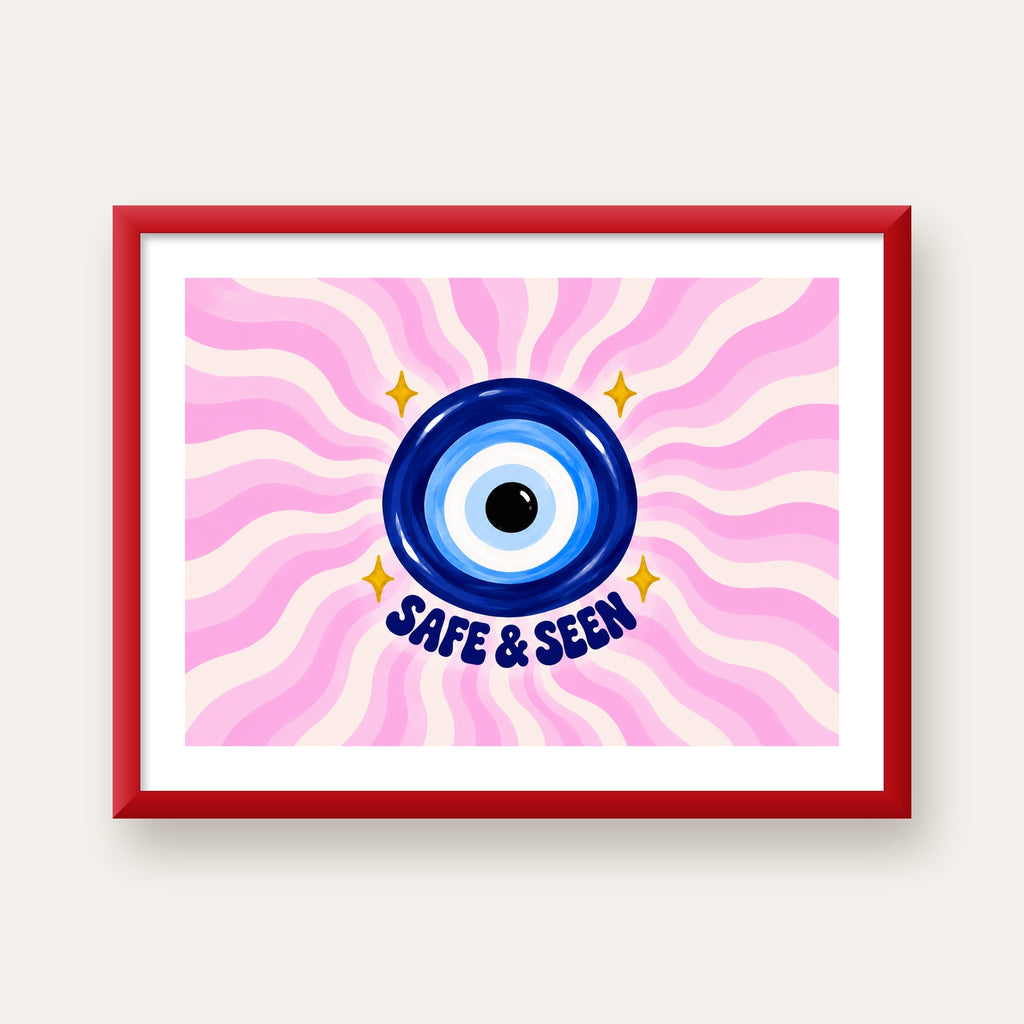 Safe & Seen Nazar Boncuğu Poster — kırmızı çerçeveli paspartulu