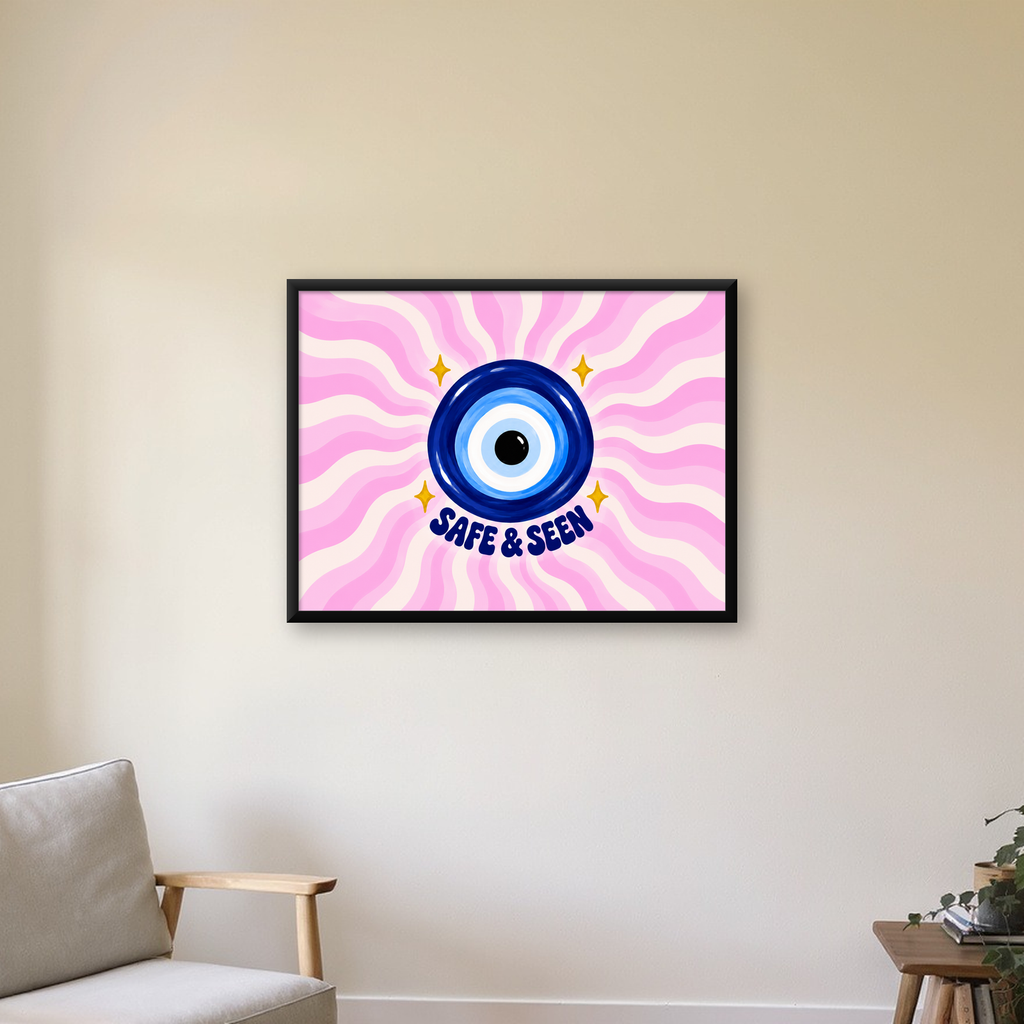 SAFE & SEEN Nazar Boncuğu Modern Renkli Poster — Yatay baskı, çerçeveli hâliyle bir ev duvarında