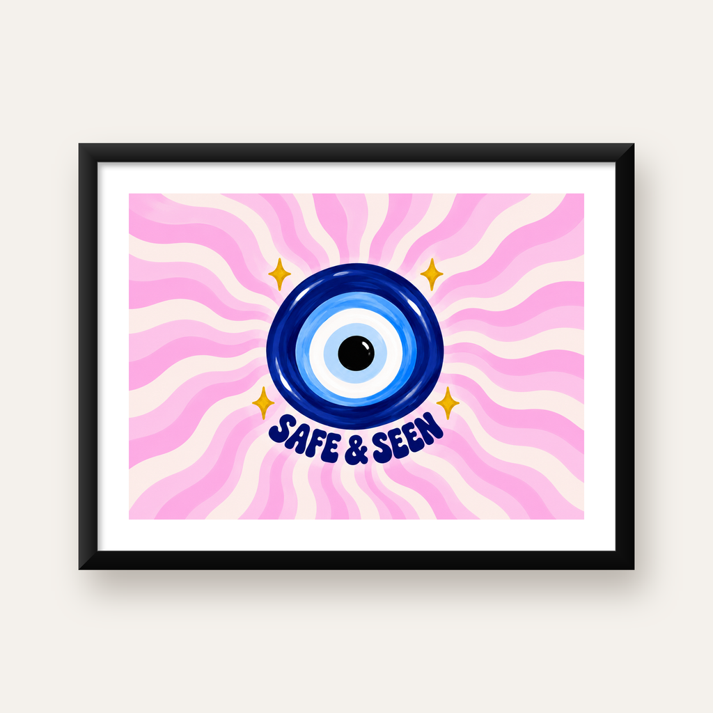 SAFE & SEEN Nazar Boncuğu Modern Renkli Poster — Yatay baskı, beyaz kenar boşluklu