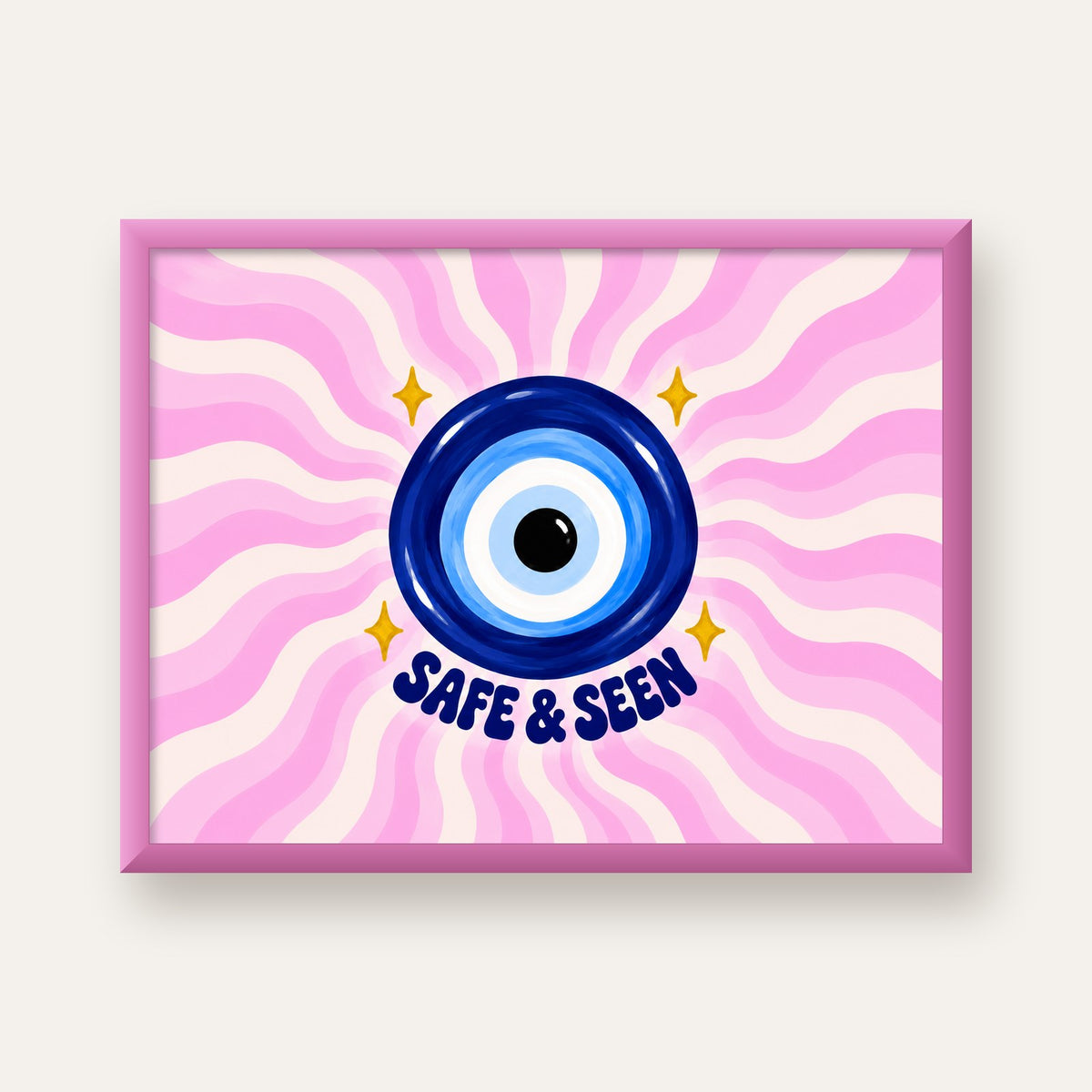 Safe & Seen Nazar Boncuğu Poster — pembe çerçeveli