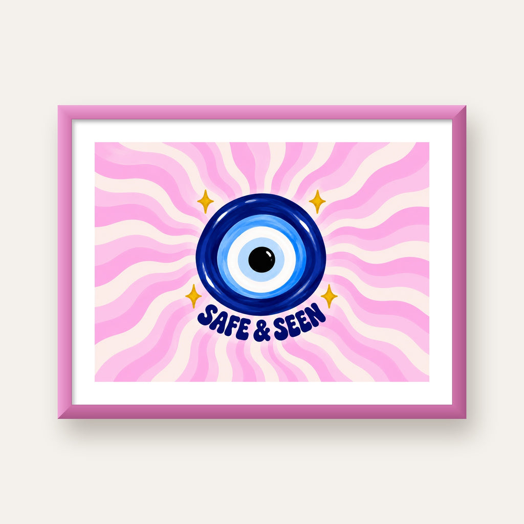 Safe & Seen Nazar Boncuğu Poster — pembe çerçeveli paspartulu