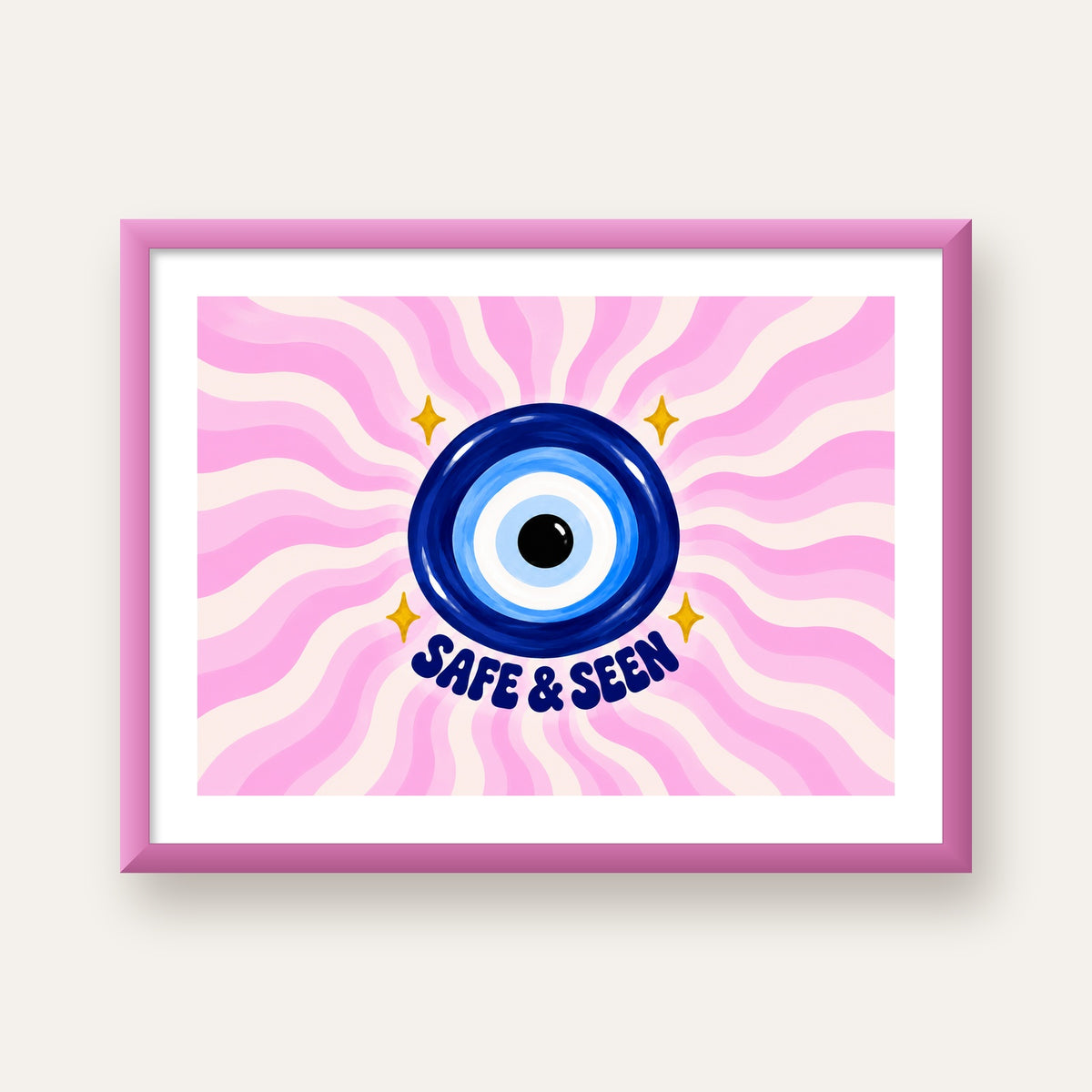 Safe & Seen Nazar Boncuğu Poster — pembe çerçeveli paspartulu