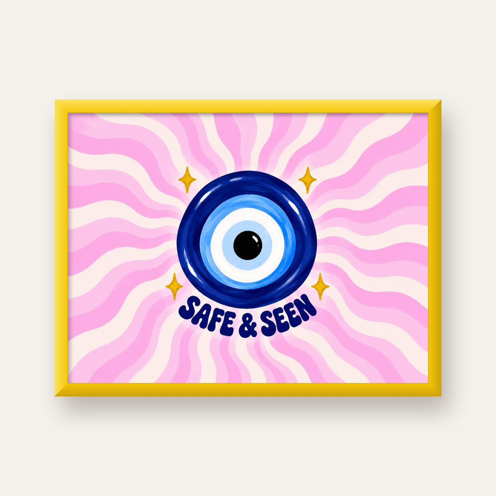 Safe & Seen Nazar Boncuğu Poster — sarı çerçeveli