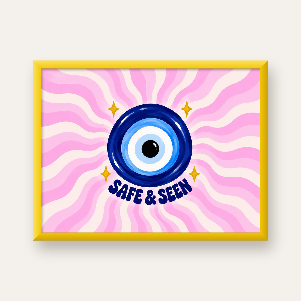 Safe & Seen Nazar Boncuğu Poster — sarı çerçeveli