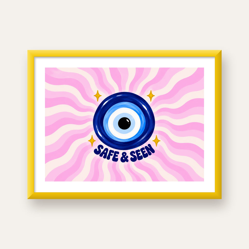 Safe & Seen Nazar Boncuğu Poster — sarı çerçeveli paspartulu