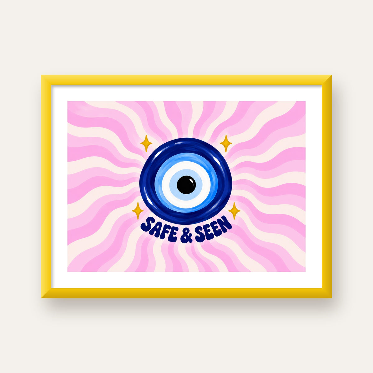 Safe & Seen Nazar Boncuğu Poster — sarı çerçeveli paspartulu