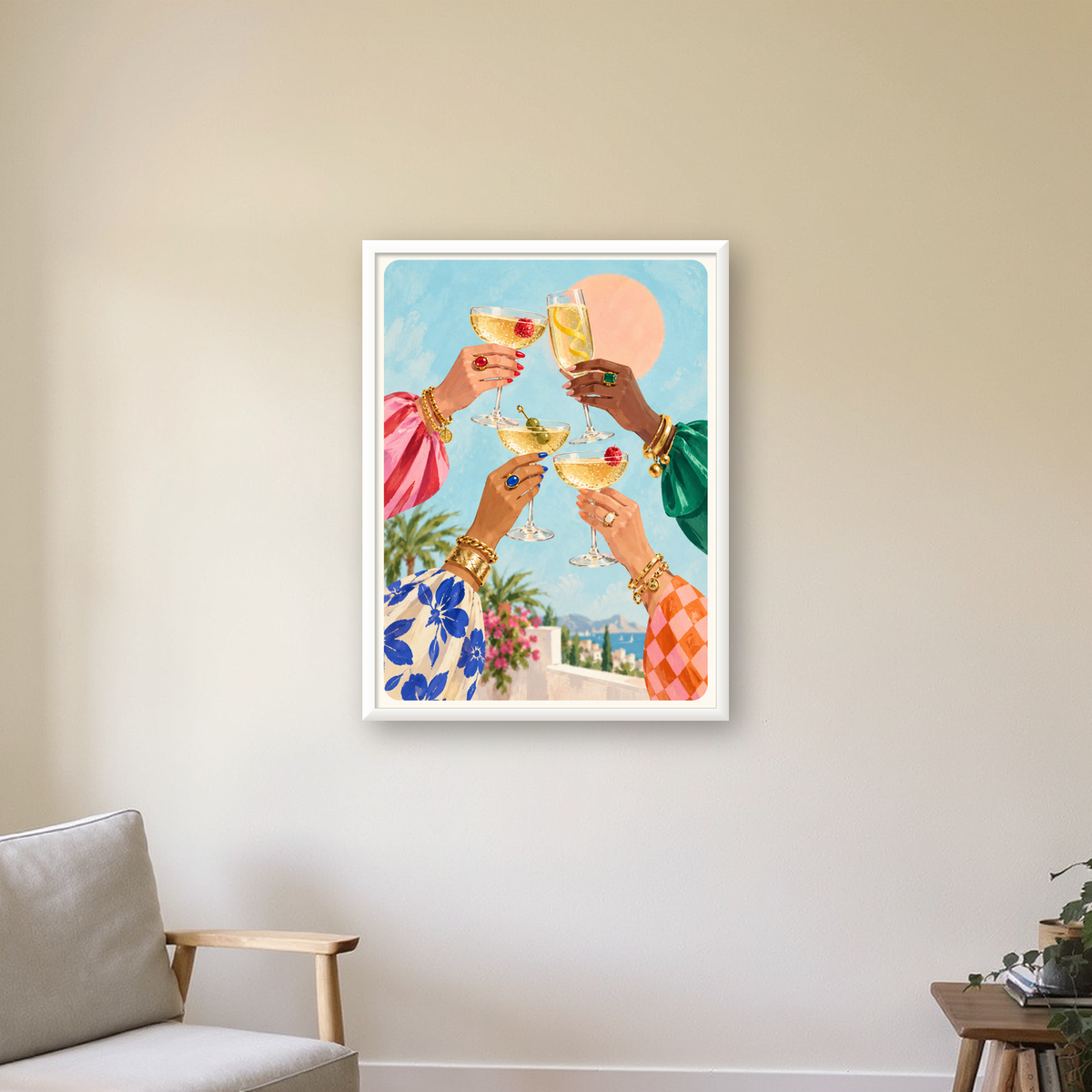 Yaz Partisi Kadeh Tokuşturmalı Canlı Poster – Gün Batımı & Deniz — beyaz çerçeveli dikey poster