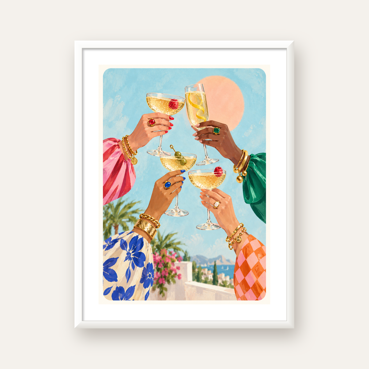Yaz Partisi Kadeh Tokuşturmalı Canlı Poster – Gün Batımı & Deniz — beyaz çerçeveli dikey poster