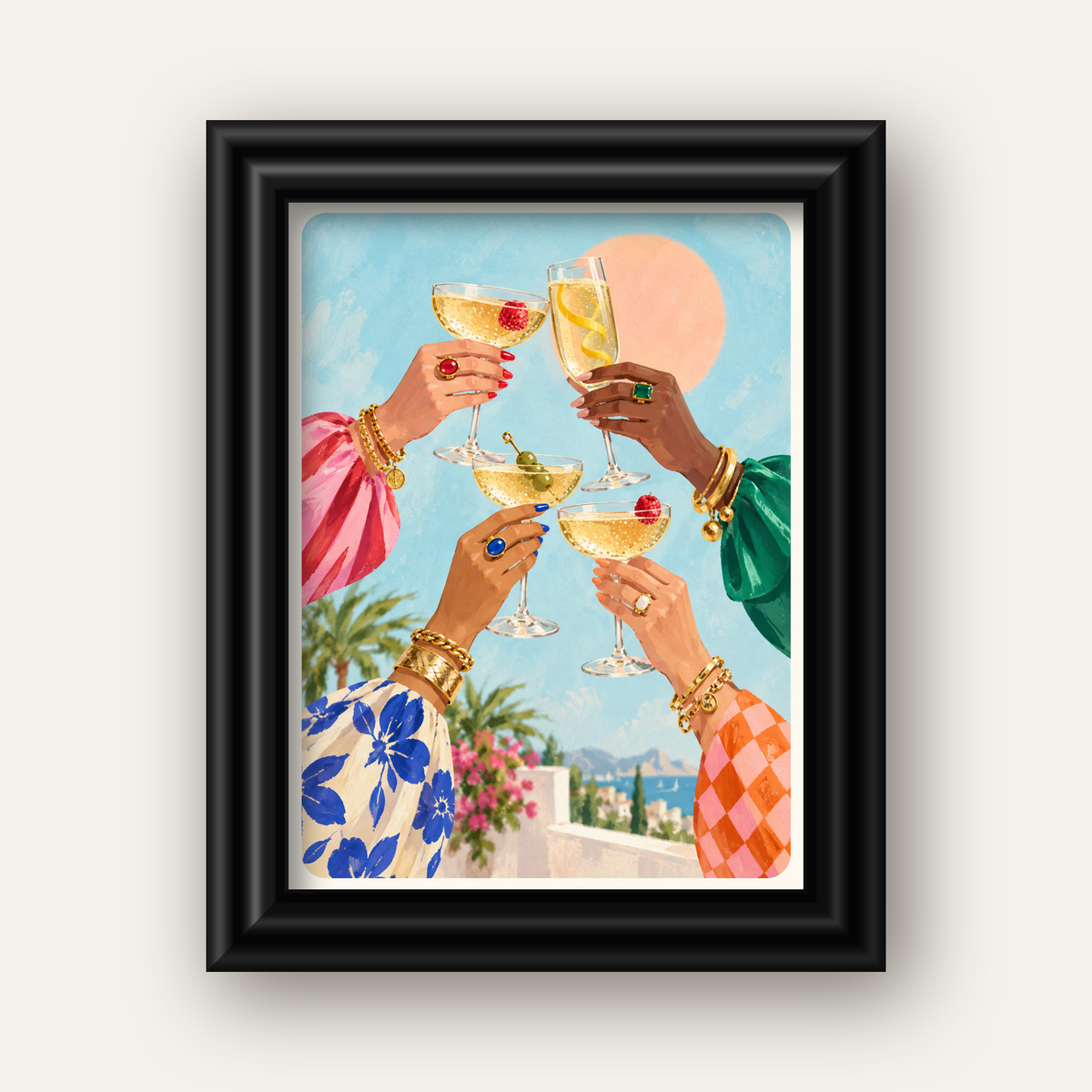 Yaz Partisi Kadeh Tokuşturmalı Canlı Poster – Gün Batımı & Deniz — siyah galeri çerçeveli