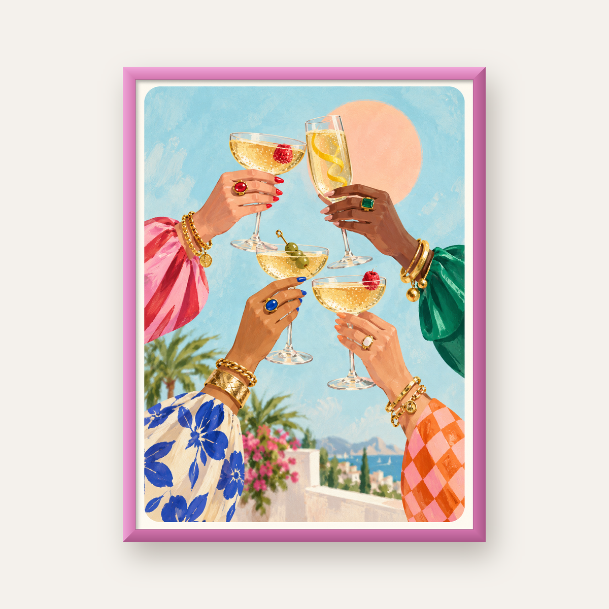 Yaz Partisi Kadeh Tokuşturmalı Canlı Poster – Gün Batımı & Deniz — pembe çerçeveli
