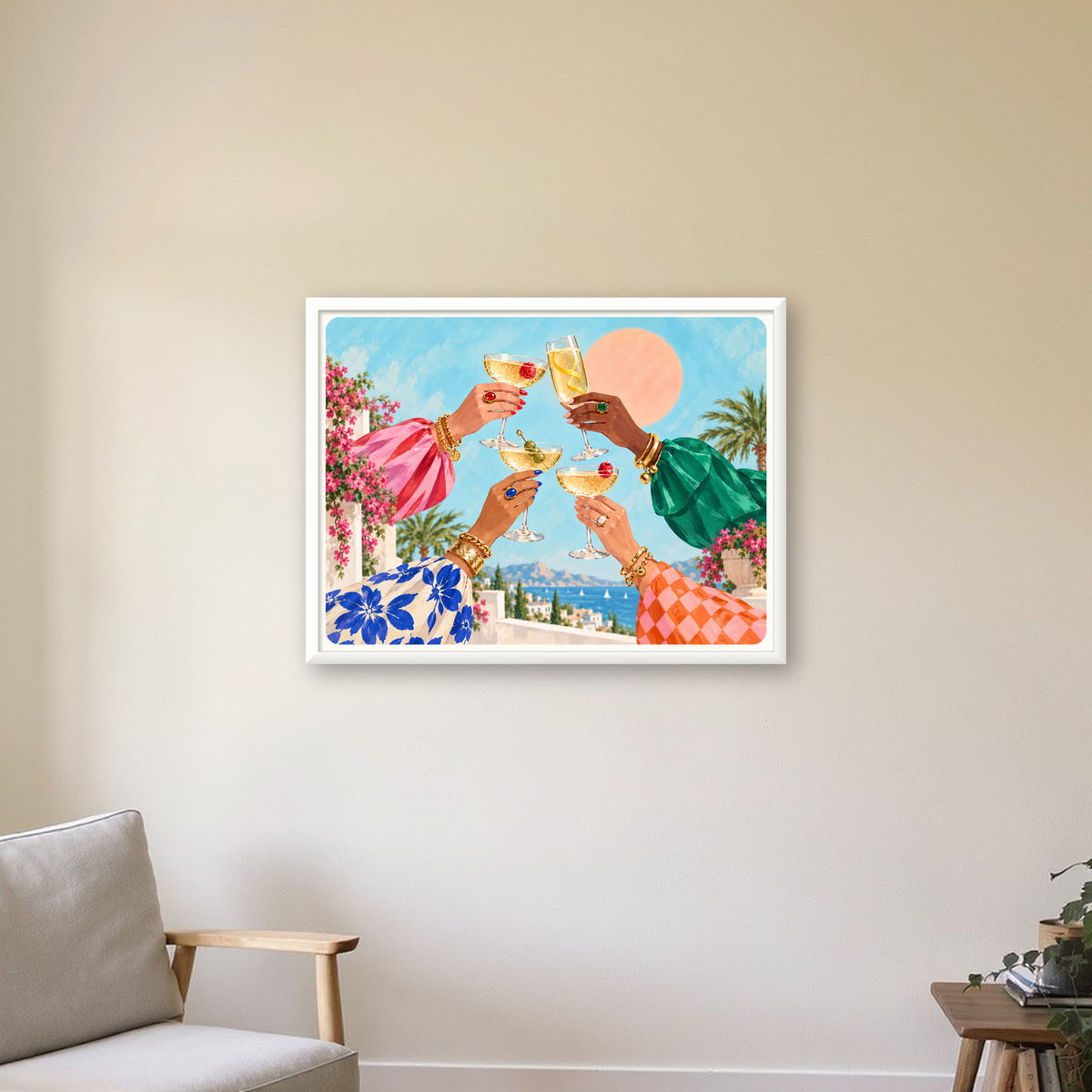 Yaz Partisi Kadeh Tokuşturmalı Canlı Poster – Gün Batımı & Deniz — beyaz çerçeveli yatay poster
