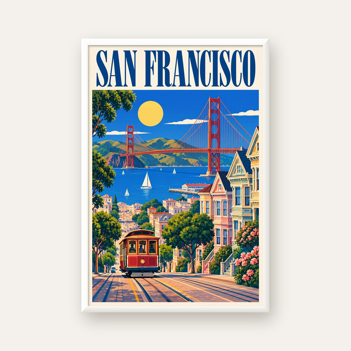 San Francisco Retro Manzara Poster – Renkli Modern Duvar Dekoru — beyaz çerçeveli dikey poster