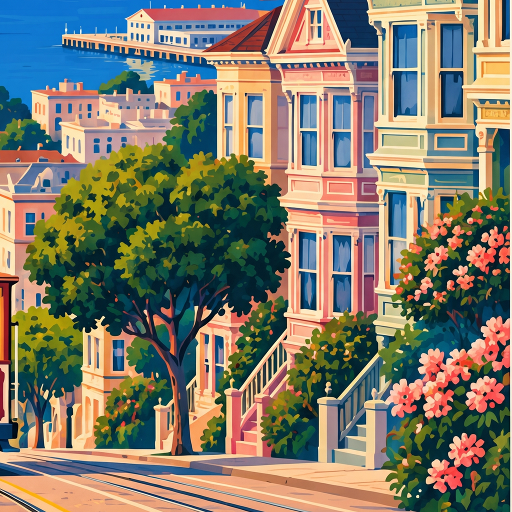 San Francisco Retro Manzara Poster – Renkli Modern Duvar Dekoru — baskının yakın çekimi, kâğıt dokusu ve renk detayı