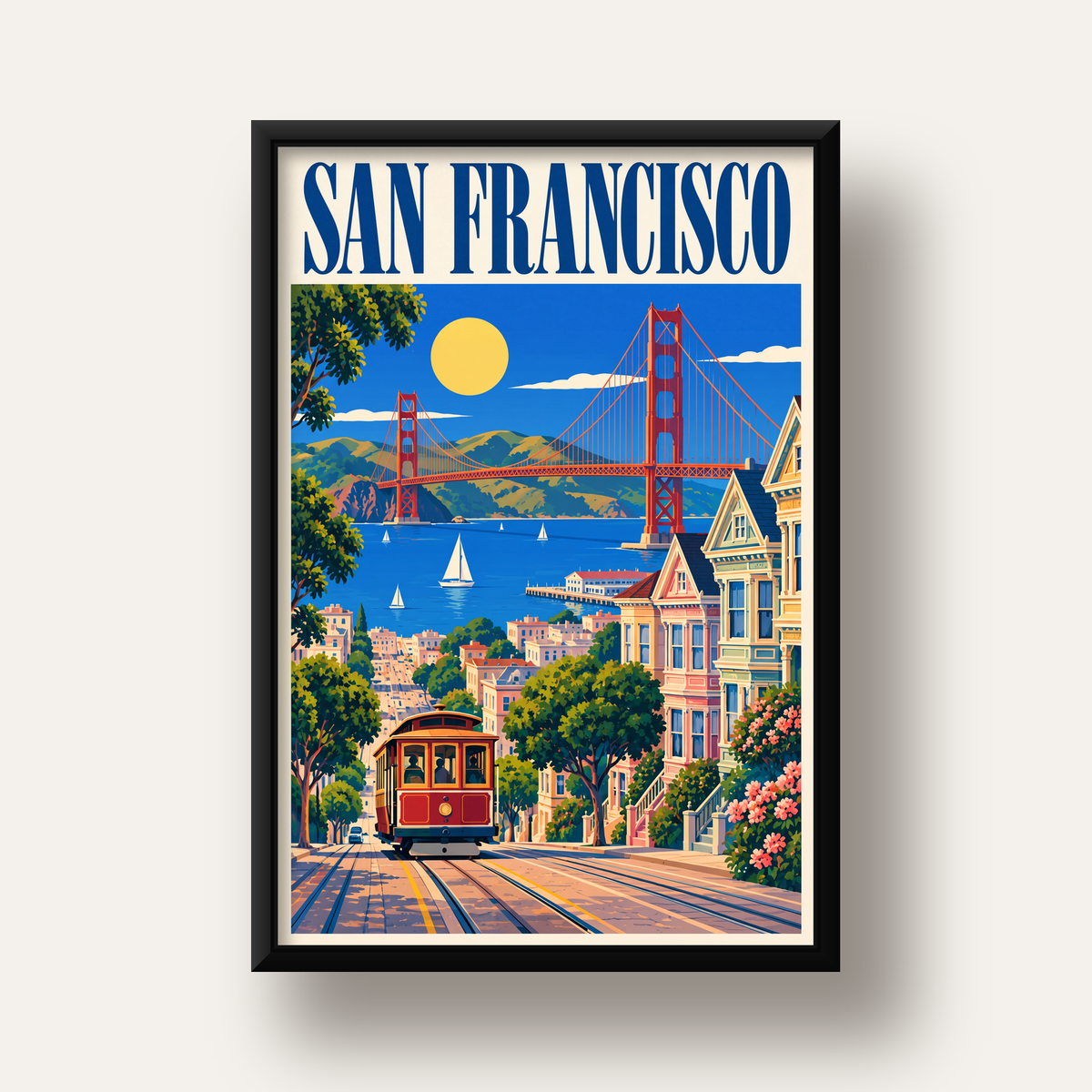 San Francisco Retro Manzara Poster – Renkli Modern Duvar Dekoru — siyah derin çerçeveli