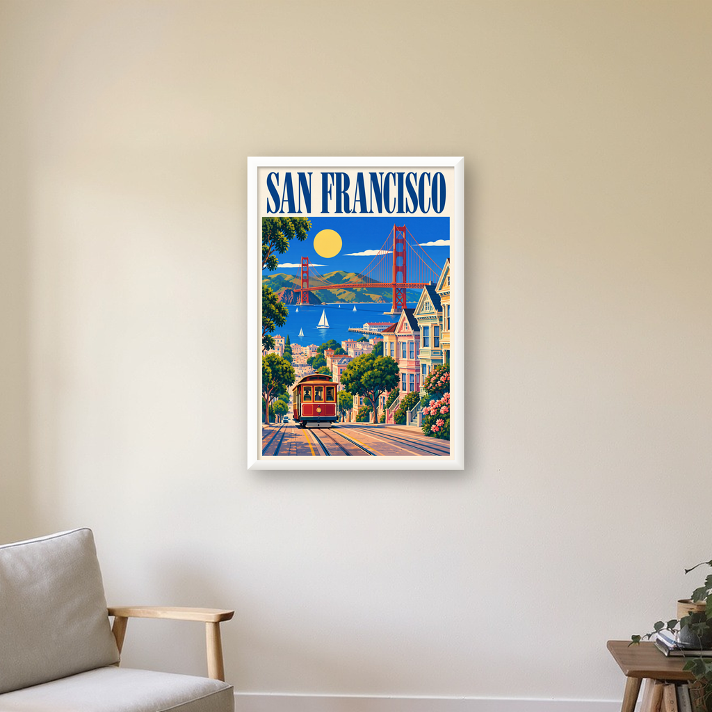 San Francisco Retro Manzara Poster – Renkli Modern Duvar Dekoru — beyaz çerçeveli dikey poster