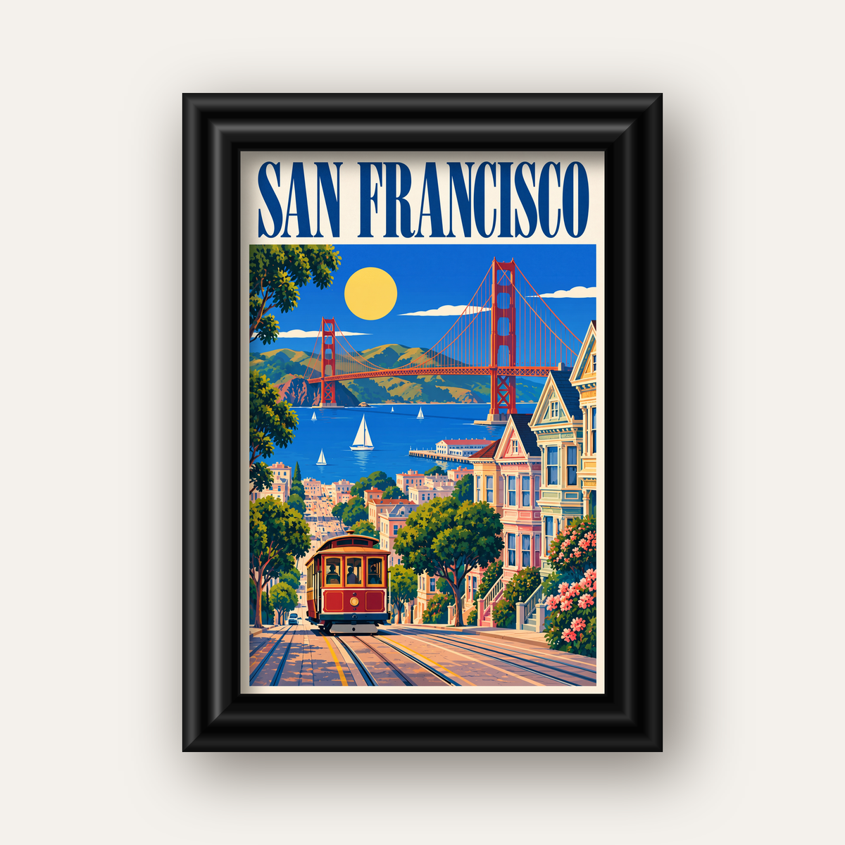 San Francisco Retro Manzara Poster – Renkli Modern Duvar Dekoru — siyah galeri çerçeveli