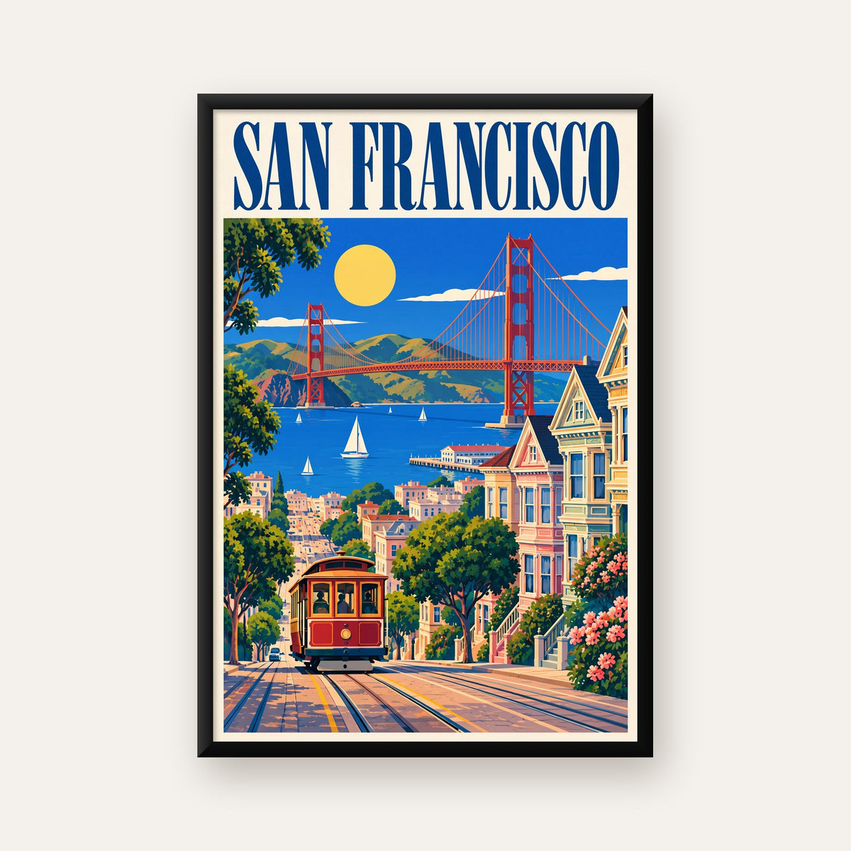 San Francisco Retro Manzara Poster – Renkli Modern Duvar Dekoru — ceviz çerçeveli