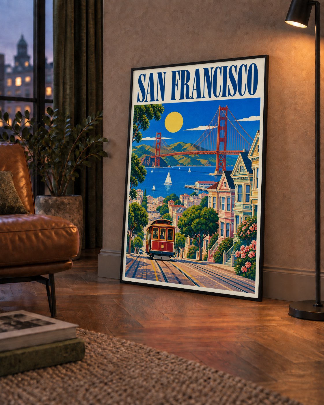 San Francisco Retro Manzara Poster – Renkli Modern Duvar Dekoru — çerçeveli hâliyle bir ev duvarında