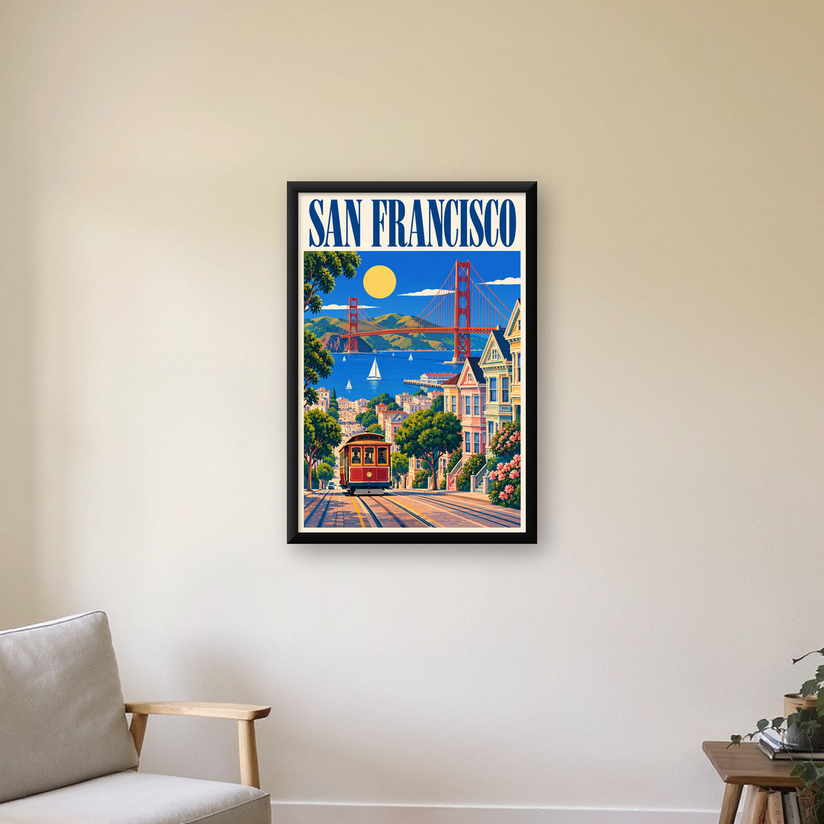 San Francisco Retro Manzara Poster – Renkli Modern Duvar Dekoru — çerçeveli hâliyle bir ev duvarında