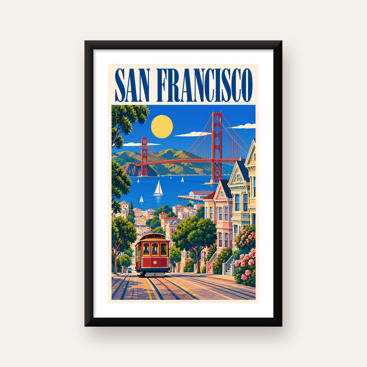 San Francisco Retro Manzara Poster – Renkli Modern Duvar Dekoru — beyaz paspartulu, düz siyah çerçeveli