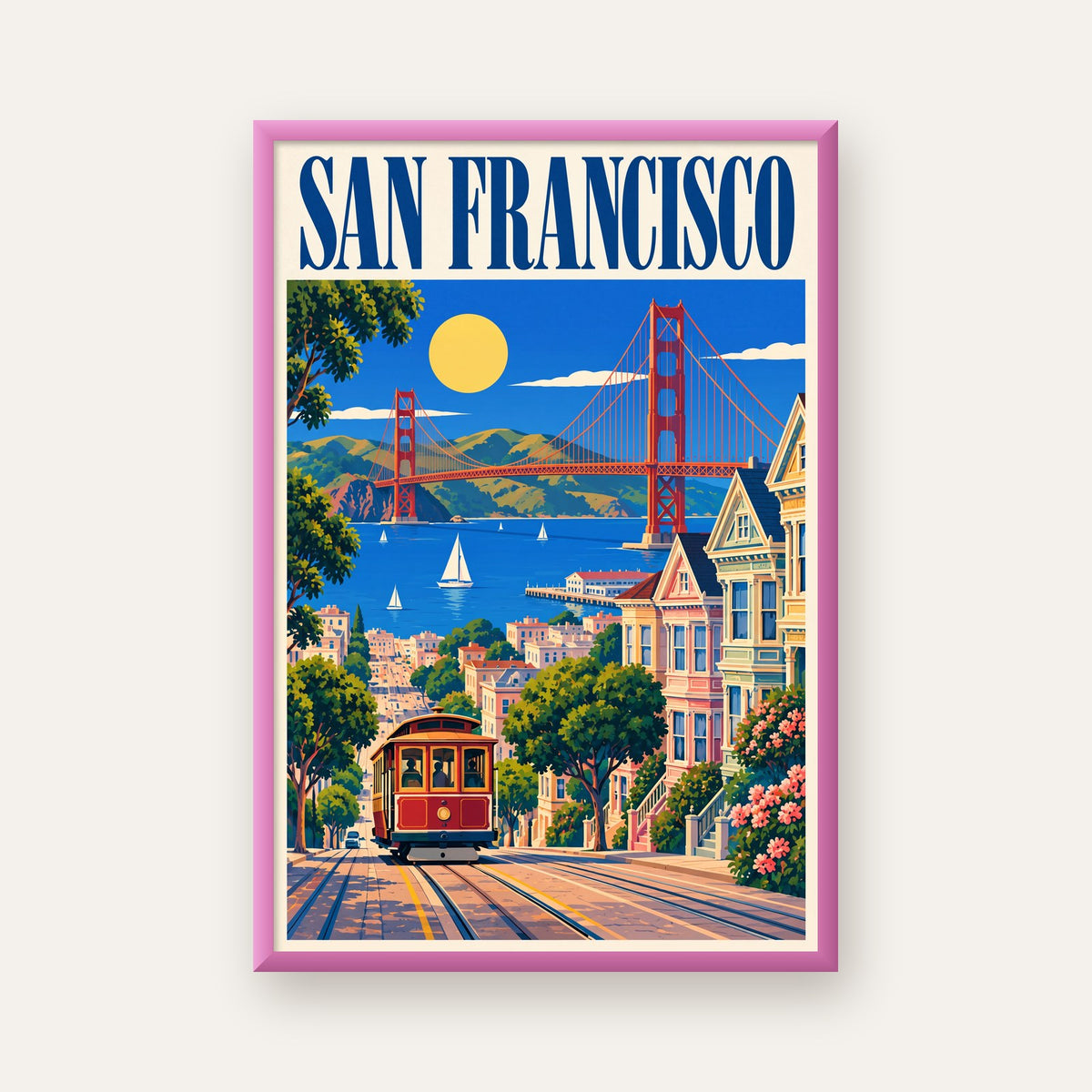 San Francisco Retro Manzara Poster – Renkli Modern Duvar Dekoru — pembe çerçeveli