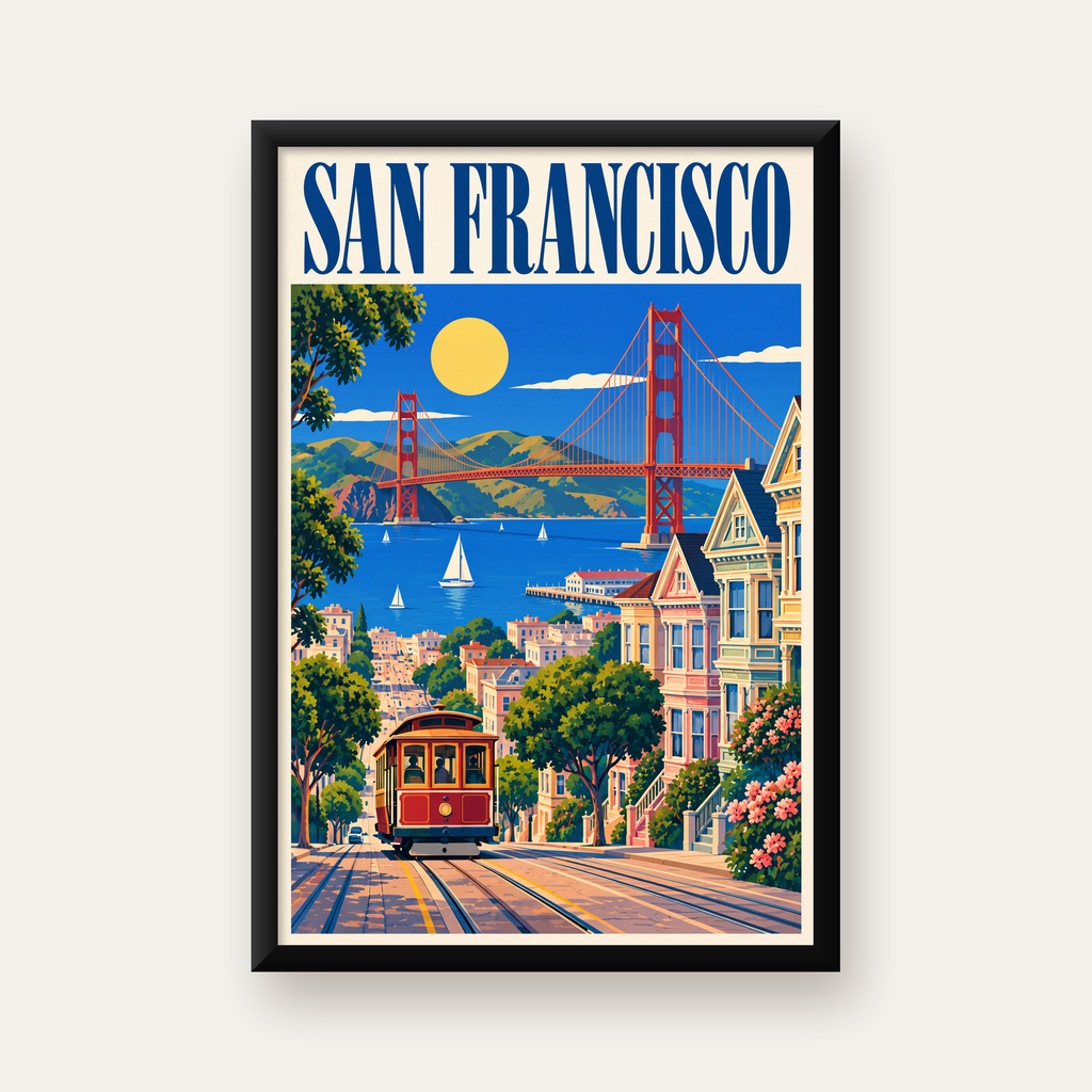 San Francisco Retro Manzara Poster – Renkli Modern Duvar Dekoru — düz siyah çerçeveli duvar posteri