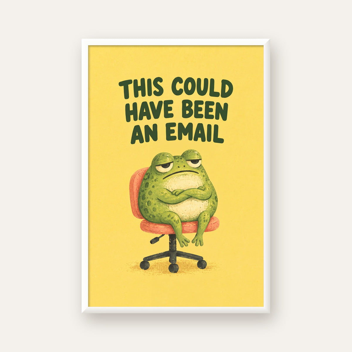 Esprili Ofis Kurbağası Poster – Mizahi Duvar Dekoru — beyaz çerçeveli dikey poster