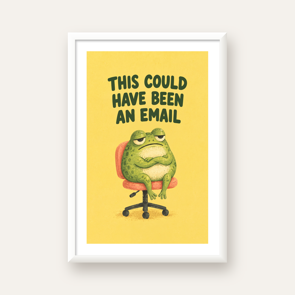 Esprili Ofis Kurbağası Poster – Mizahi Duvar Dekoru — beyaz çerçeveli dikey poster