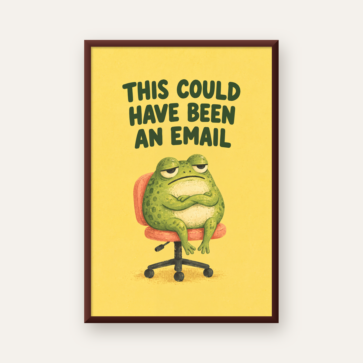 Esprili Ofis Kurbağası Poster – Mizahi Duvar Dekoru — ceviz çerçeveli