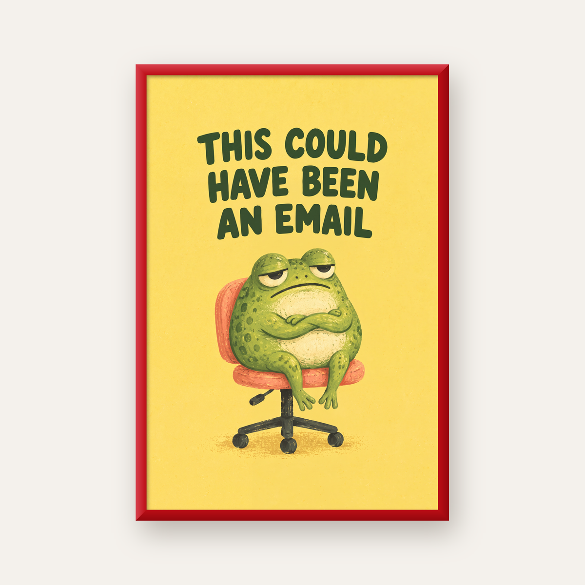 Esprili Ofis Kurbağası Poster – Mizahi Duvar Dekoru — kırmızı çerçeveli
