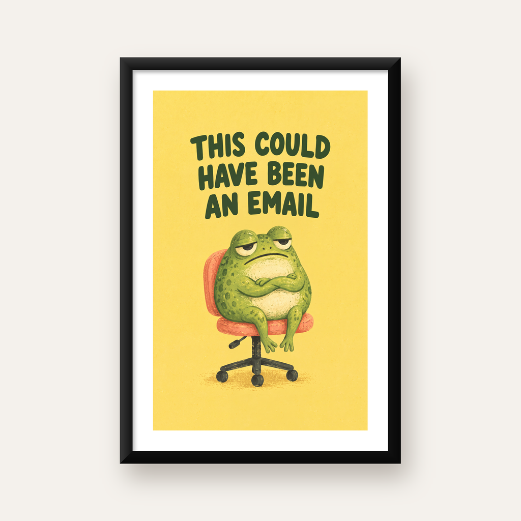 Esprili Ofis Kurbağası Poster – Mizahi Duvar Dekoru — Dikey baskı, beyaz paspartulu