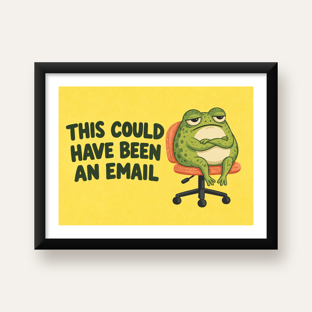 Esprili Ofis Kurbağası Poster – Mizahi Duvar Dekoru — Yatay baskı, beyaz paspartulu