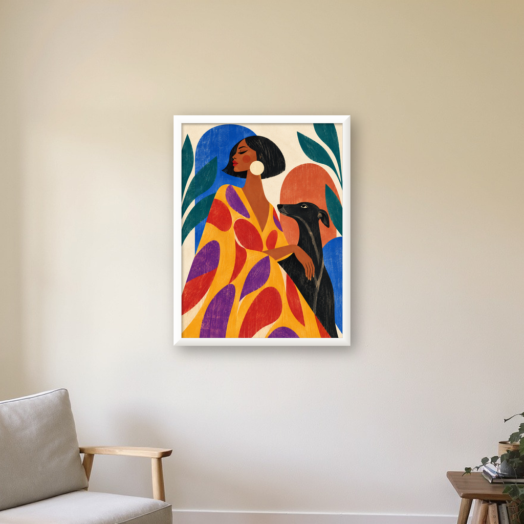 Şık Kadın ve Siyah Köpek Modern Duvar Posteri — beyaz çerçeveli dikey poster