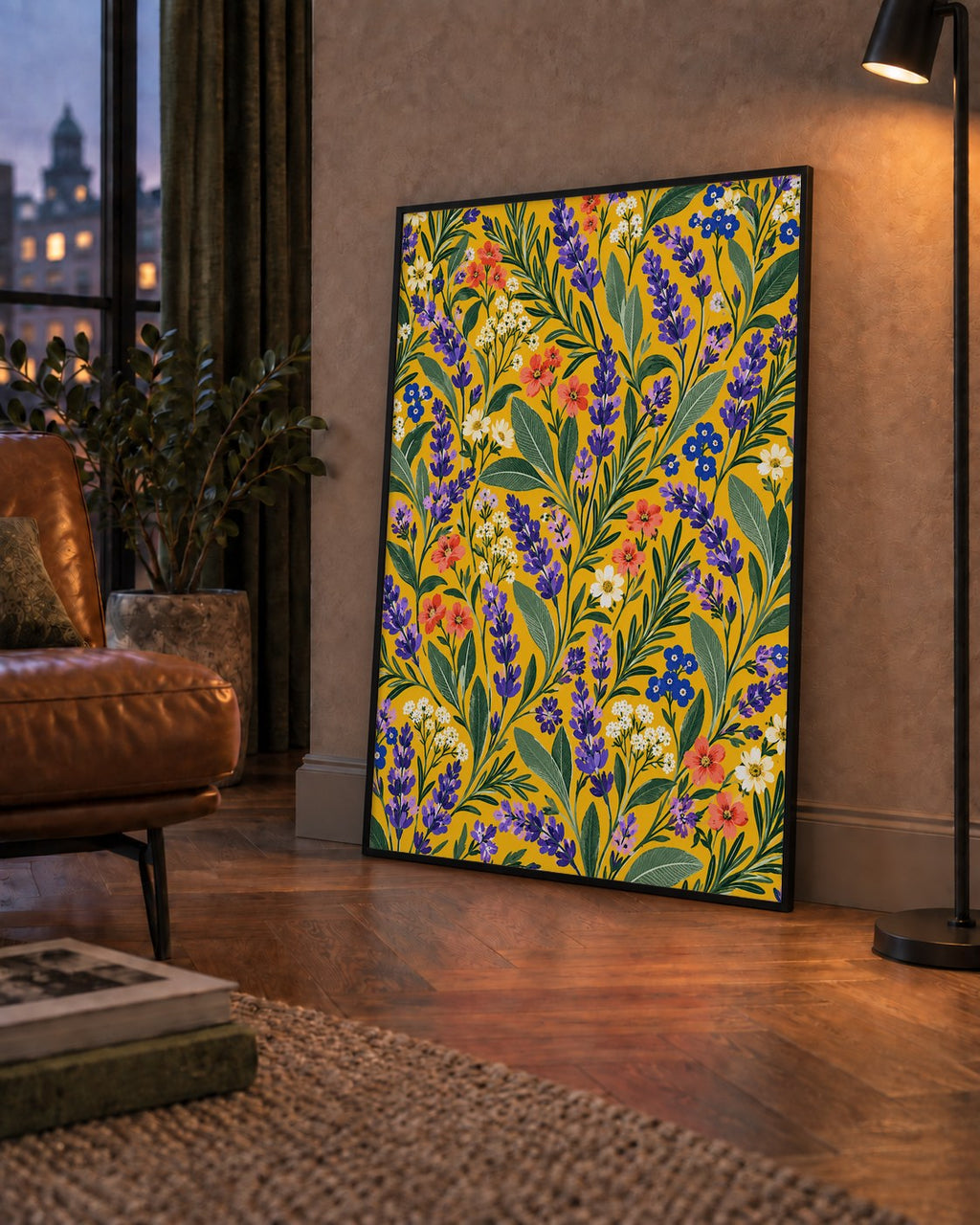 Sarı Zeminli Renkli Çiçekli Dijital Poster Tablo — çerçeveli hâliyle bir ev duvarında