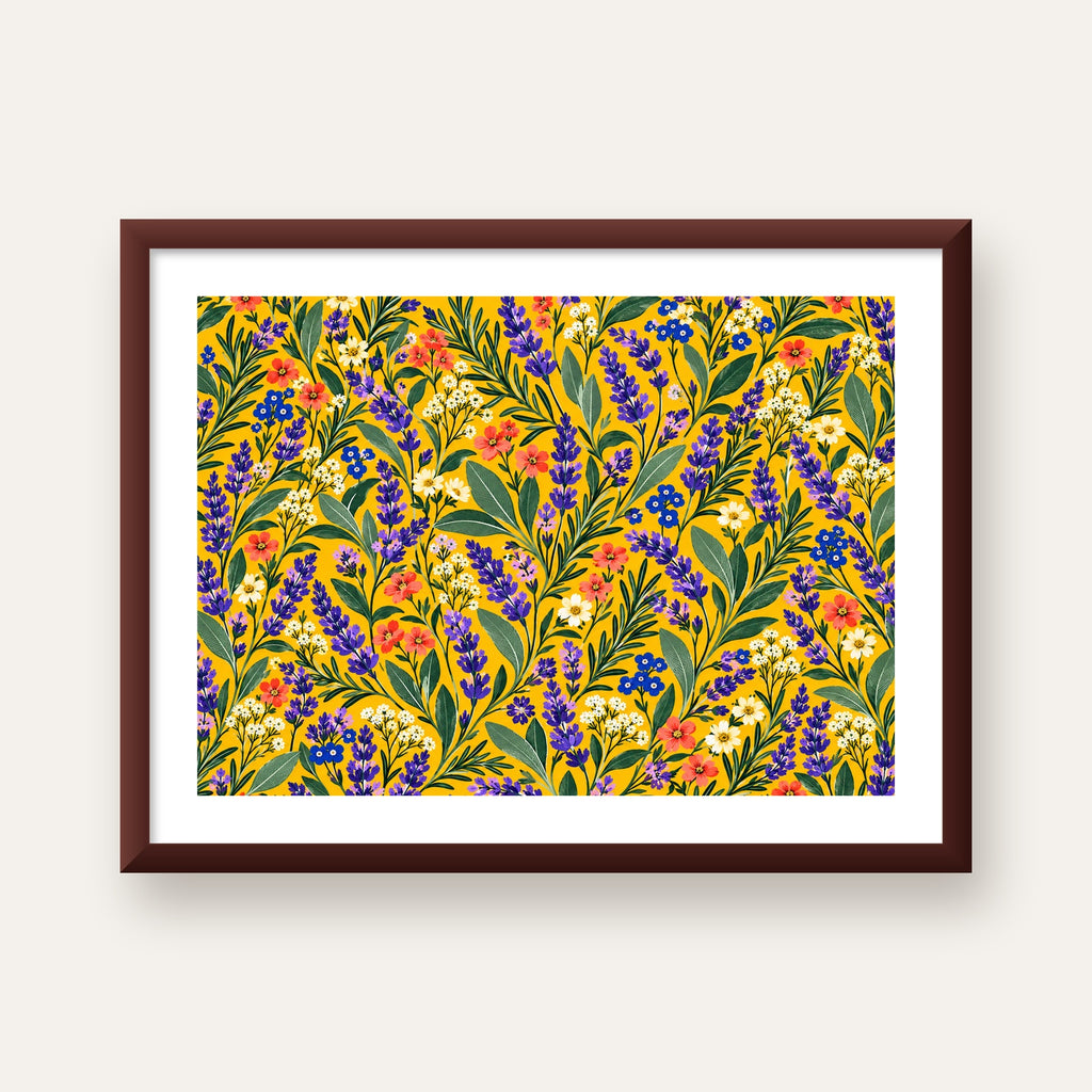 Sarı Zeminli Renkli Çiçekli Dijital Poster Tablo — ceviz çerçeveli paspartulu
