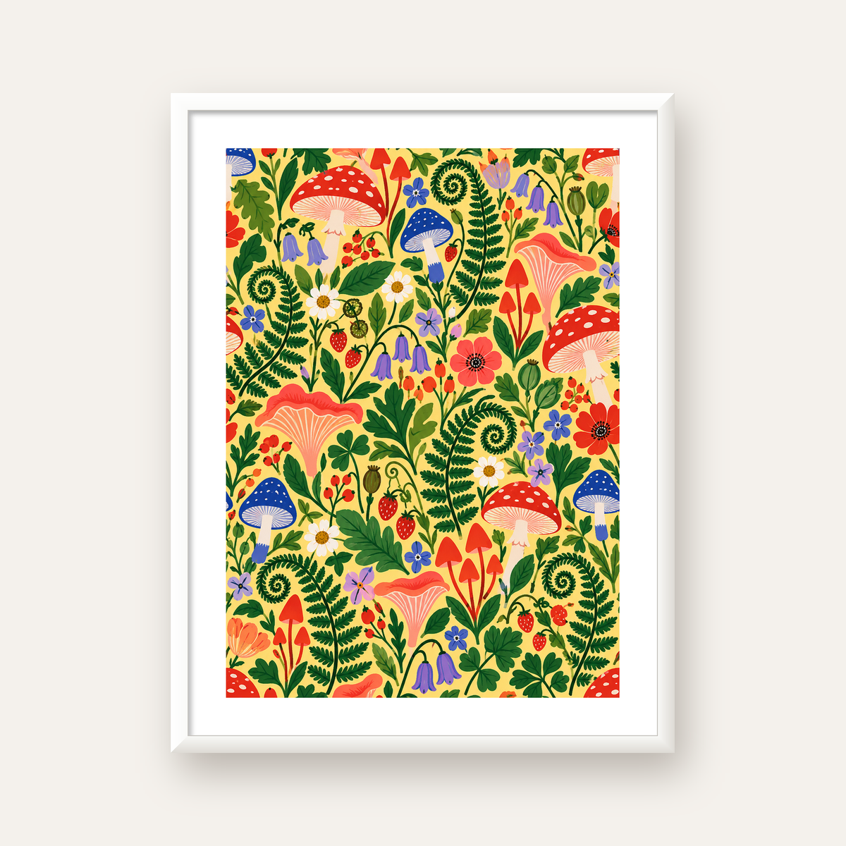 Renkli Mantar ve Bitki Desenli Modern Duvar Posteri — beyaz çerçeveli dikey poster