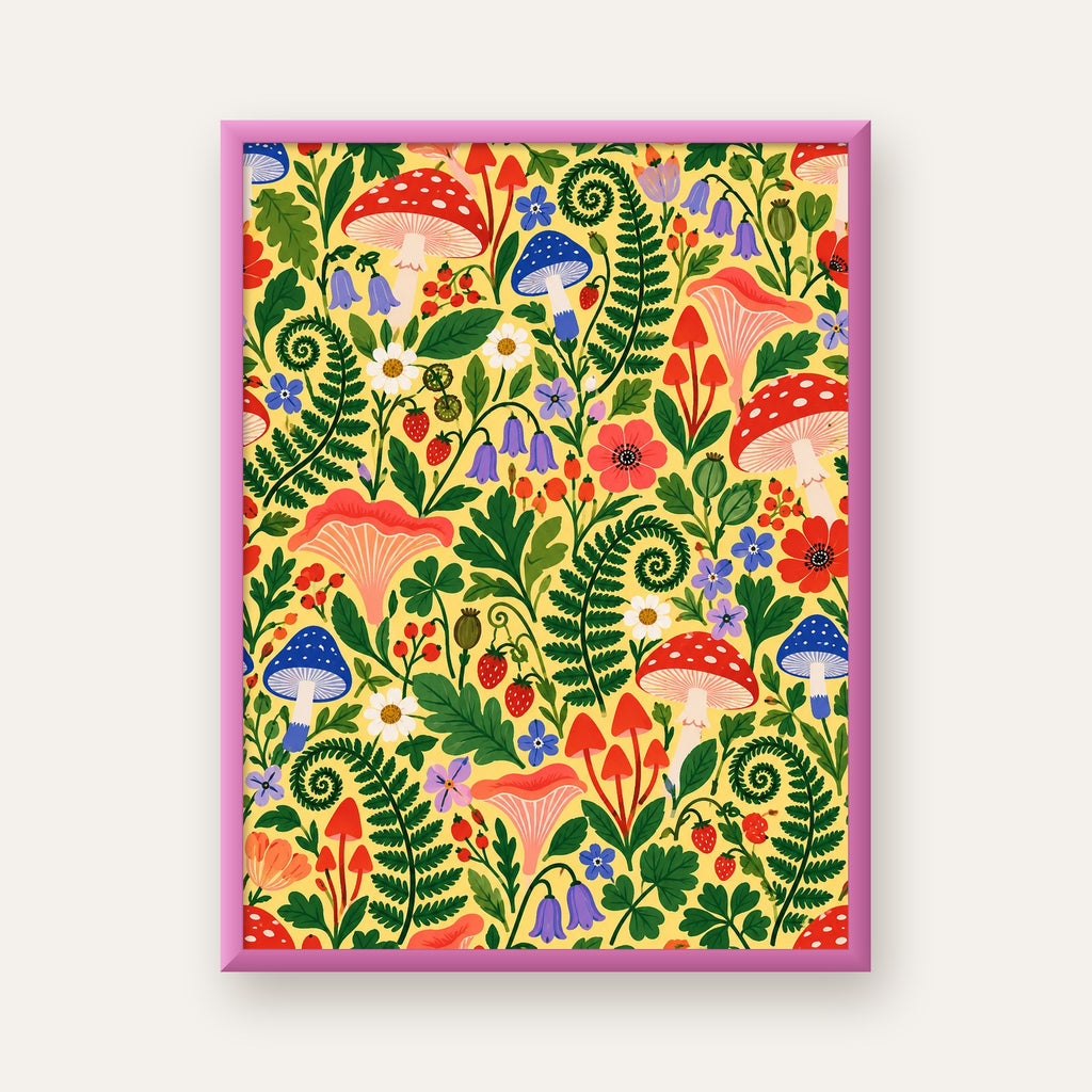 Renkli Mantar ve Bitki Desenli Modern Duvar Posteri — pembe çerçeveli