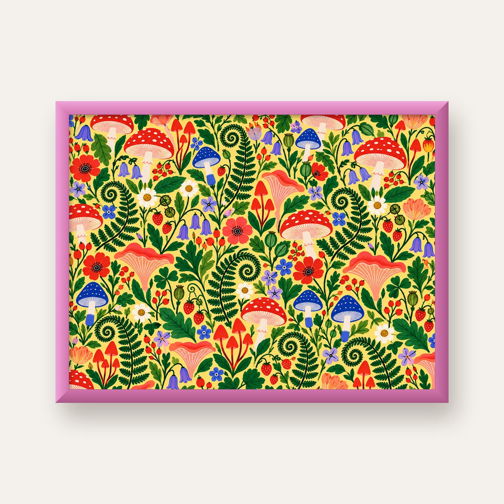 Renkli Mantar ve Bitki Desenli Modern Duvar Posteri — pembe çerçeveli