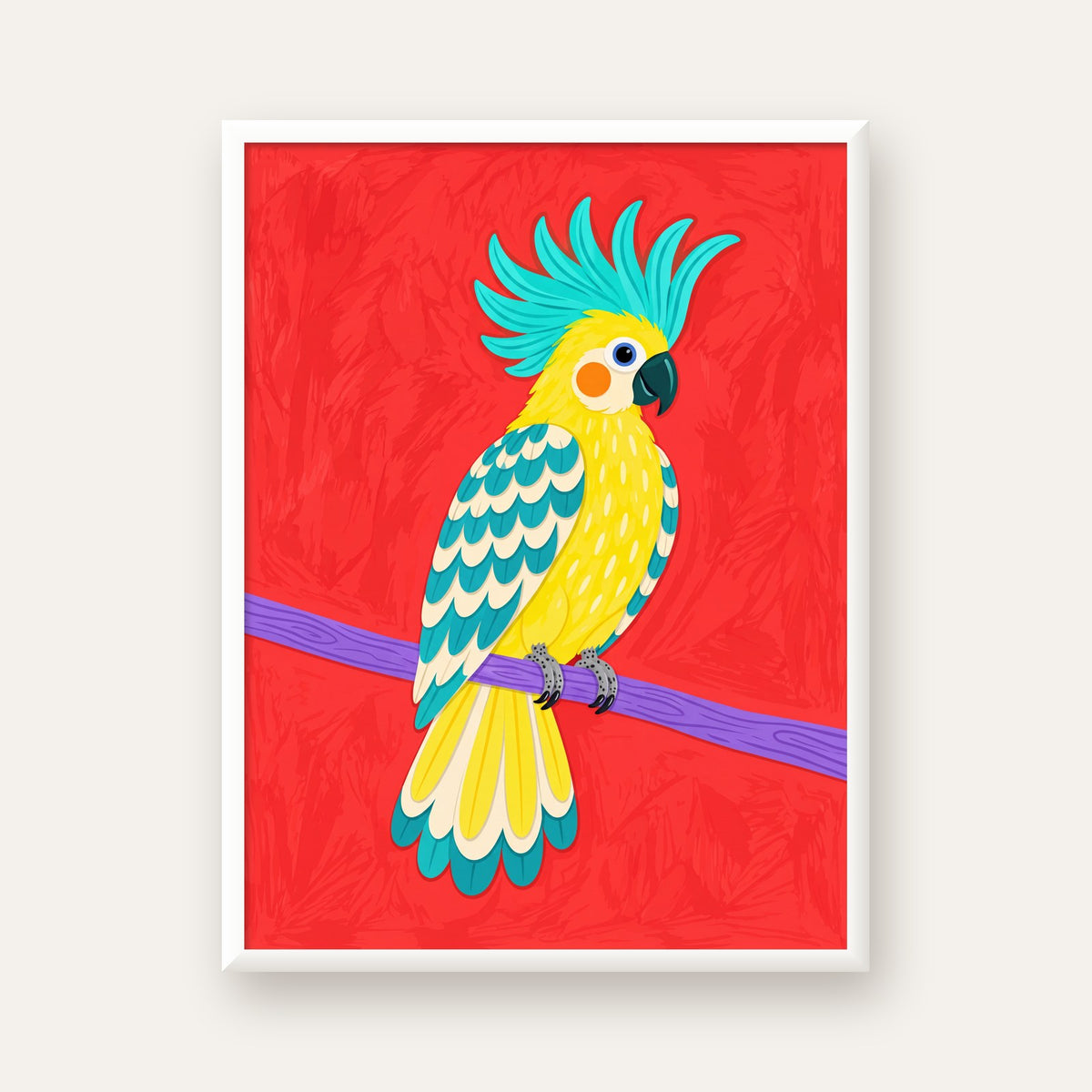 Renkli Papağan Dijital Poster – Modern Dekor, Büyük Gözlü — beyaz çerçeveli dikey poster