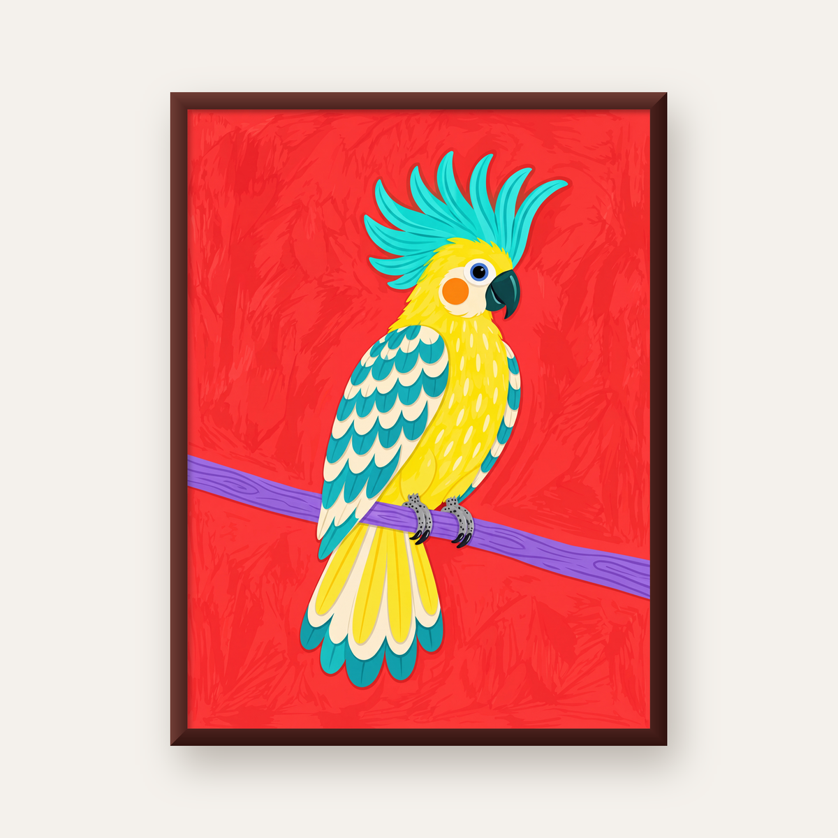 Renkli Papağan Dijital Poster – Modern Dekor, Büyük Gözlü — ceviz çerçeveli