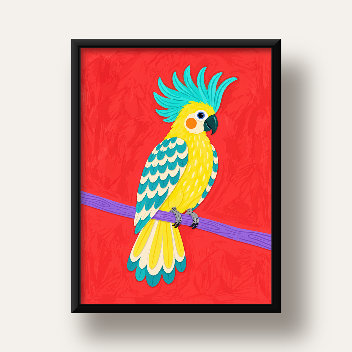 Renkli Papağan Dijital Poster – Modern Dekor, Büyük Gözlü — siyah derin çerçeveli