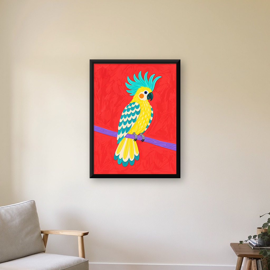 Renkli Papağan Dijital Poster – Modern Dekor, Büyük Gözlü — Dikey baskı, çerçeveli hâliyle bir ev duvarında