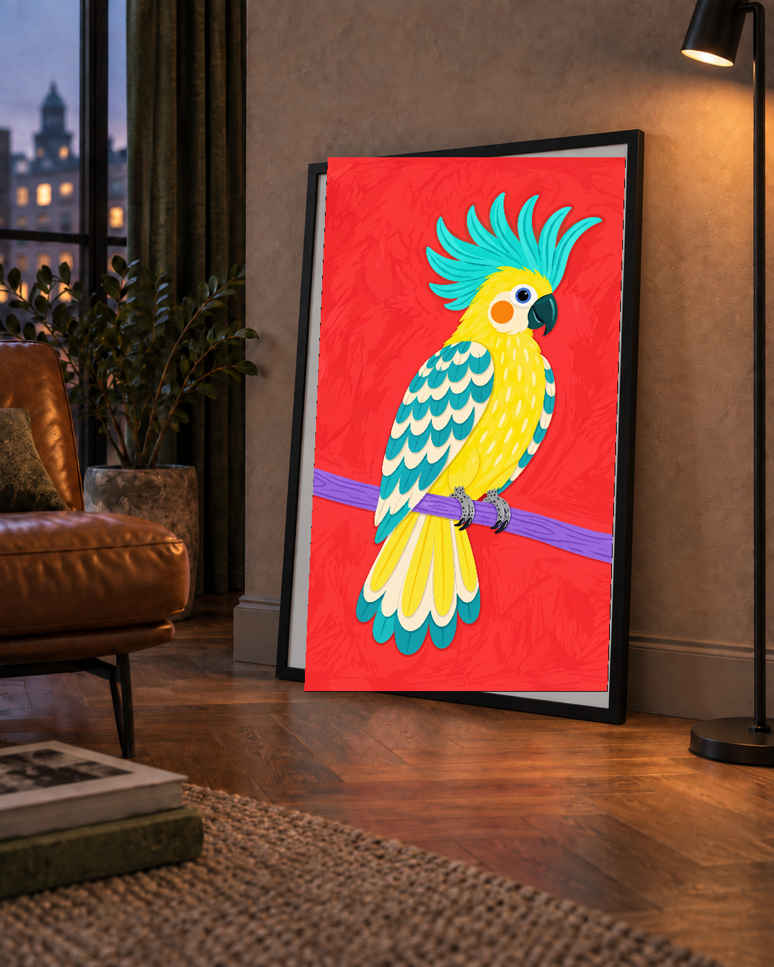 Renkli Papağan Dijital Poster – Modern Dekor, Büyük Gözlü