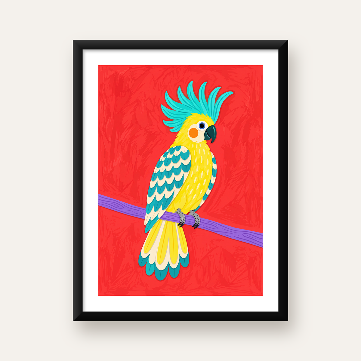 Renkli Papağan Dijital Poster – Modern Dekor, Büyük Gözlü — Dikey baskı, beyaz paspartulu